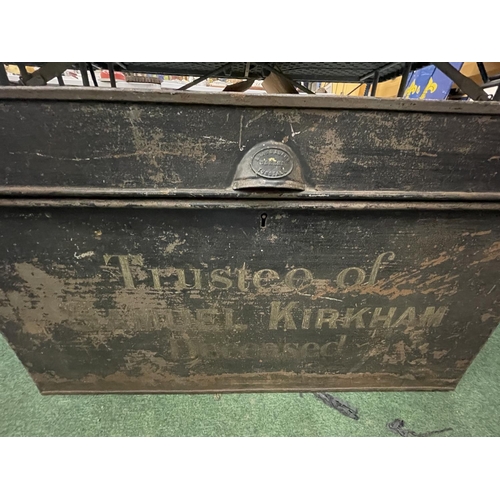 81 - A LARGE METAL DEED BOX MADE IN TUNSTALL LABELLED TRUSTEE OF SAMUEL KIRKHAM DECEASED