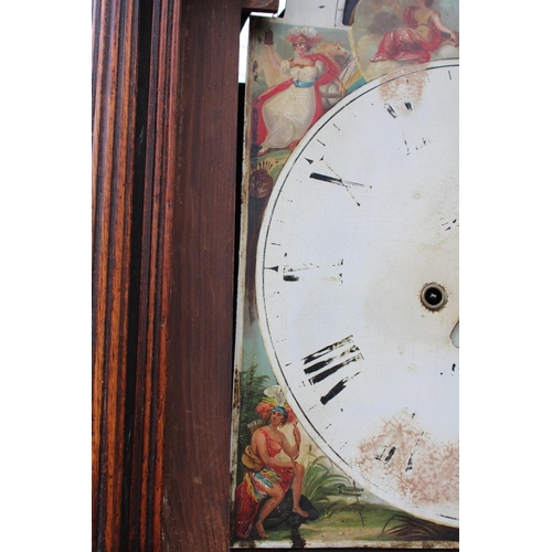 2798A - A 19TH CENTURY OAK AND MAHOGANY INLAID EIGHT DAY LONG CASE CLOCK WITH PAINTED ENAMEL DIAL DEPICTING ... 