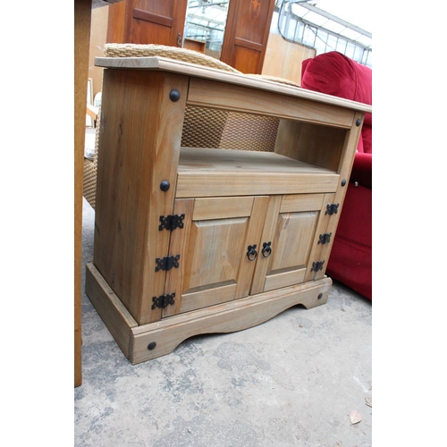 2904 - A MODERN MEXICAN PINE SIDE CABINET WITH CUPBOARD WITH OPEN SHELF, 33.5