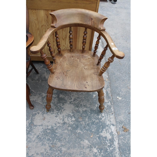 2906 - A VICTORIAN STYLE ELM AND BEECH CAPTAINS CHAIR WITH TURNED LEGS AND UPRIGHTS