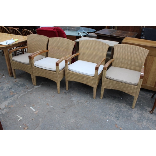 2908 - A SET OF FOUR GLOSTER RATTAN EFFECT PATIO CHAIRS WITH HARDWOOD ARMS