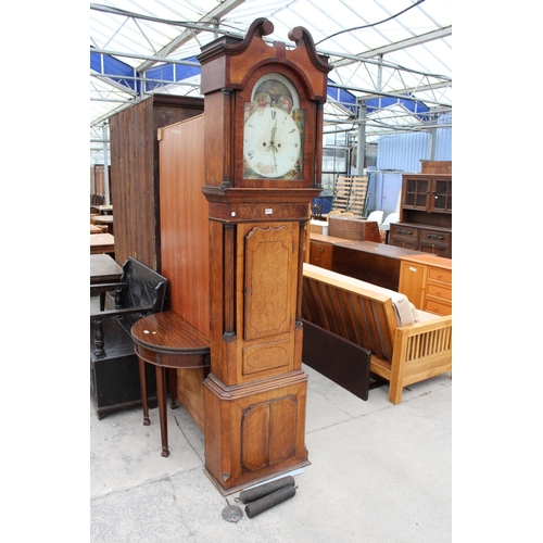 2798A - A 19TH CENTURY OAK AND MAHOGANY INLAID EIGHT DAY LONG CASE CLOCK WITH PAINTED ENAMEL DIAL DEPICTING ... 