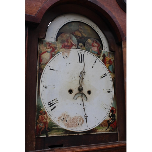 2798A - A 19TH CENTURY OAK AND MAHOGANY INLAID EIGHT DAY LONG CASE CLOCK WITH PAINTED ENAMEL DIAL DEPICTING ... 