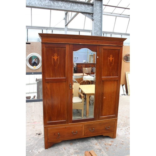 2911 - AN EDWARDIAN MAHOGANY AND INLAID MIRROR DOOR WARDROBE WITH TWO DRAWERS TO BASE, 62