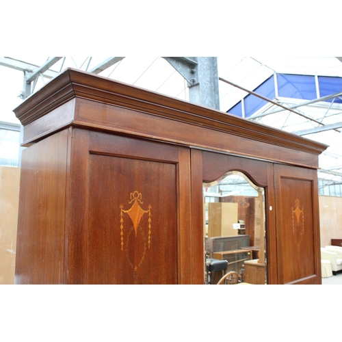 2911 - AN EDWARDIAN MAHOGANY AND INLAID MIRROR DOOR WARDROBE WITH TWO DRAWERS TO BASE, 62