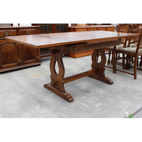 2950 - AN OAK JAYCEE REFECTORY STYLE DRAW-LEAF DINING TABLE, 48 X 32 INCHES (LEAVES 12 INCHES EACH)