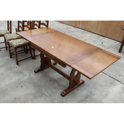 2950 - AN OAK JAYCEE REFECTORY STYLE DRAW-LEAF DINING TABLE, 48 X 32 INCHES (LEAVES 12 INCHES EACH)