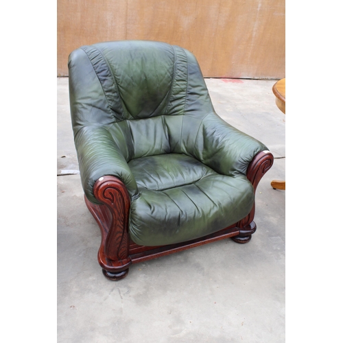 2954 - A MODERN GREEN RECOR (BELGIUM) FAUX LEATHER EASY CHAIR IN WOODEN FRAME