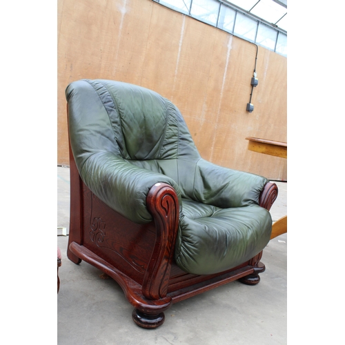 2954 - A MODERN GREEN RECOR (BELGIUM) FAUX LEATHER EASY CHAIR IN WOODEN FRAME