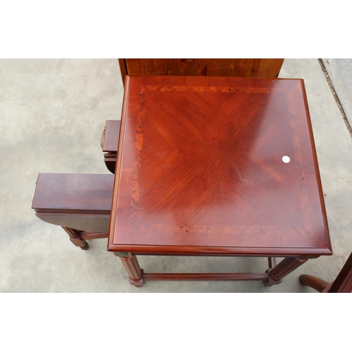 2955 - A MODERN MAHOGANY AND CROSS BANDED NEST OF THREE TABLES AND VICTORIAN MAHOGANY LOW CHAIR