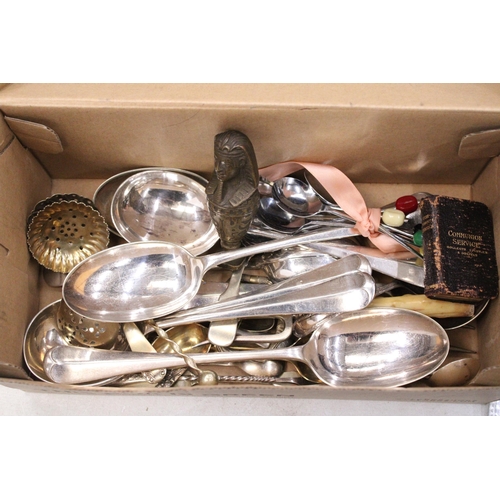 254 - A QUANTITY OF VINTAGE FLATWARE TO INCLUDE LADELS, MUFFIN FORK, SUGAR SIFTERS, SPOONS, ETC