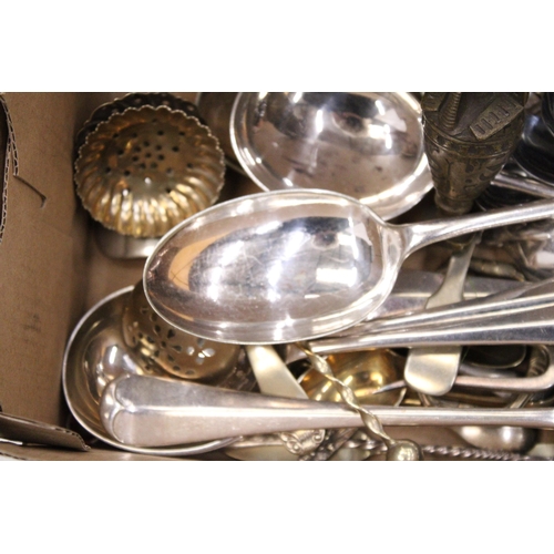 254 - A QUANTITY OF VINTAGE FLATWARE TO INCLUDE LADELS, MUFFIN FORK, SUGAR SIFTERS, SPOONS, ETC