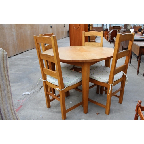 2965 - A CIRCULAR OAK DINING TABLE, WITH FOUR OAK LADDER BACK DINING CHAIRS WITH RUSH SEATS, DIAMETER 111CM