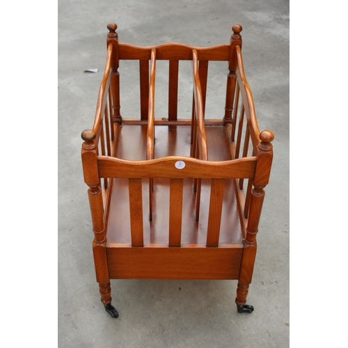 2966 - A REGENCY STYLE YEW WOOD THREE DIVISION CANTERBURY MAGAZINE RACK WITH LOWER DRAWER