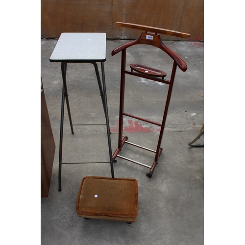 2970 - THREE ITEMS TO INCULE AN UPHOLSTERED FOOTSTOOL, A MAHOGANY SUIT STAND AND A TALL SIDE TABLE