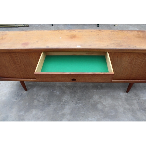 2979 - A BRAMIN OF DENMARK, MID CENTURY DANISH TEAK SIDEBOARD ENCLOSING TWO CUPBOARDS AND FOUR LONG DRAWERS... 