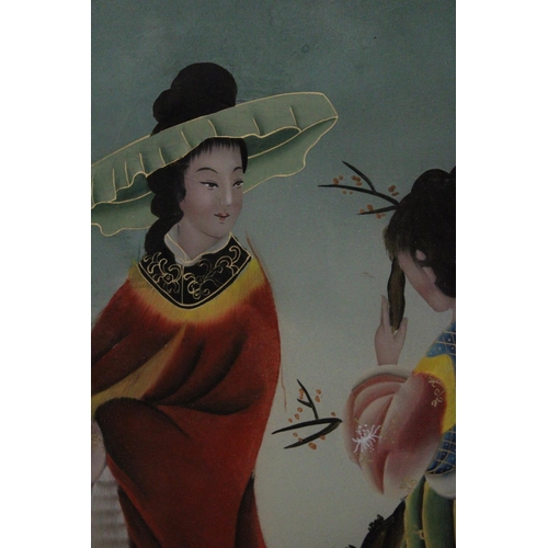 304 - A VINTAGE JAPANESE REVERSE GLASS PAINTING OF TWO YOUNG GIRLS