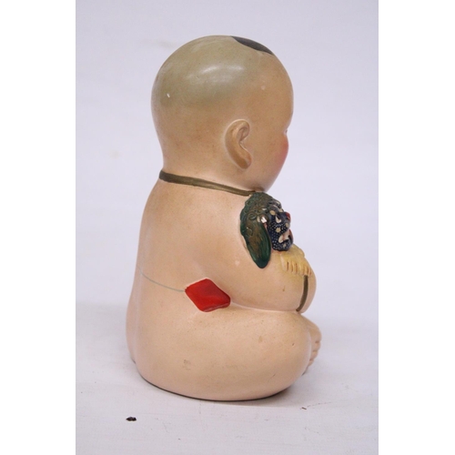 325 - A VINTAGE HUISHAN CLAY FIGURINE BUDDHA BOY SAVINGS BANK