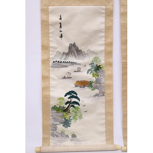 326 - A PAIR OF VINTAGE JAPANESE HANGING SCROLLS WITH SILK EMBROIDERED LANDSCAPE SCENES