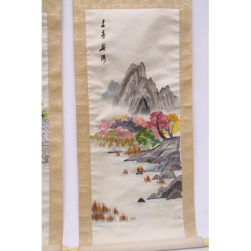 326 - A PAIR OF VINTAGE JAPANESE HANGING SCROLLS WITH SILK EMBROIDERED LANDSCAPE SCENES