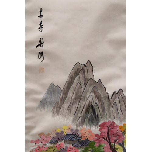 326 - A PAIR OF VINTAGE JAPANESE HANGING SCROLLS WITH SILK EMBROIDERED LANDSCAPE SCENES