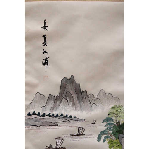 326 - A PAIR OF VINTAGE JAPANESE HANGING SCROLLS WITH SILK EMBROIDERED LANDSCAPE SCENES