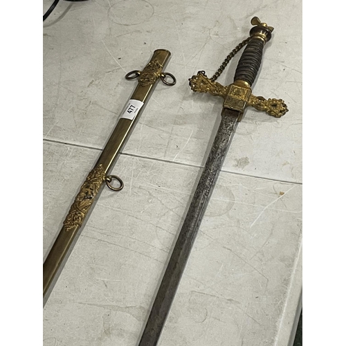 477 - A FRATERNITY KNIGHTS OF THE GOLDEN EAGLE SWORD AND SCABBARD, 77CM BLADE, GILT CROSS GUARD AND EAGLE ... 