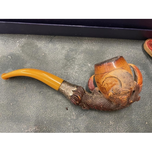 78 - TWO MEERSCHAUM PIPES ONE WITH A CONTINENTAL SILVER COLLAR WITH CASE AND A FURTHER EXAMPLE