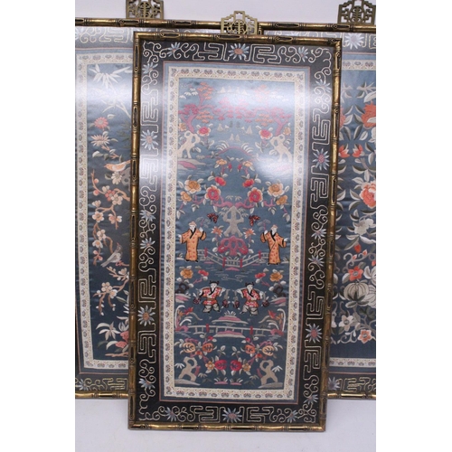 338 - THREE CHINESE SILK EMBROIDERIES DEPICTING A LANDSCAPE SCENE, BIRDS AND FLORALS IN BAMBOO FRAMES