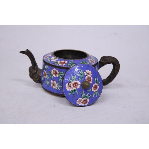 366 - A SMALL FLORAL CHINESE CLOISONNE ENAMEL TEAPOT WITH ELEPHANT SPOUT AND SNAKE HANDLE TOGETHER WITH SM... 