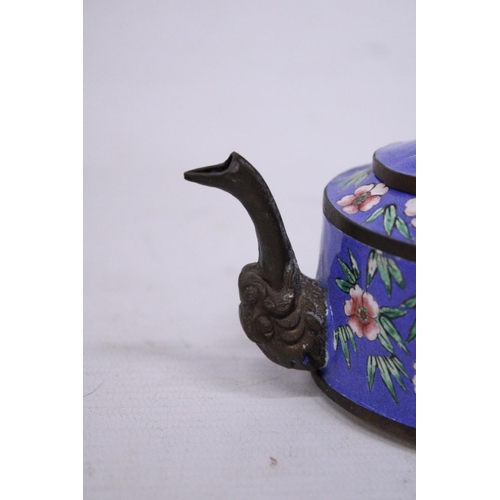 366 - A SMALL FLORAL CHINESE CLOISONNE ENAMEL TEAPOT WITH ELEPHANT SPOUT AND SNAKE HANDLE TOGETHER WITH SM... 