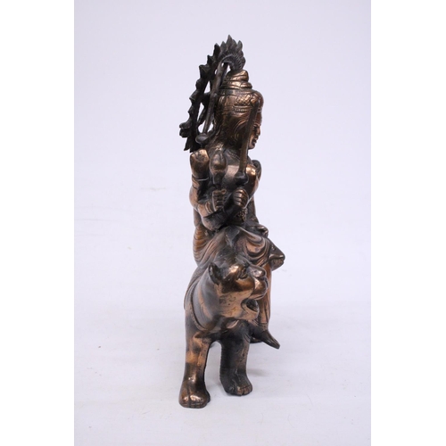 369 - A BRONZE EXOTIC INDIAN MOTHER GODDESS ON A TIGER'S BACK, HEIGHT 38CM, LENGTH 28CM