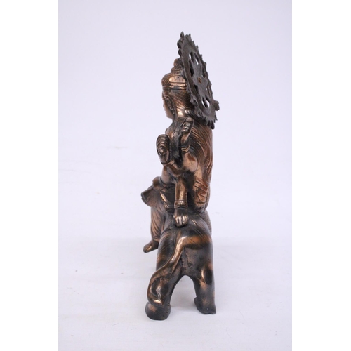 369 - A BRONZE EXOTIC INDIAN MOTHER GODDESS ON A TIGER'S BACK, HEIGHT 38CM, LENGTH 28CM