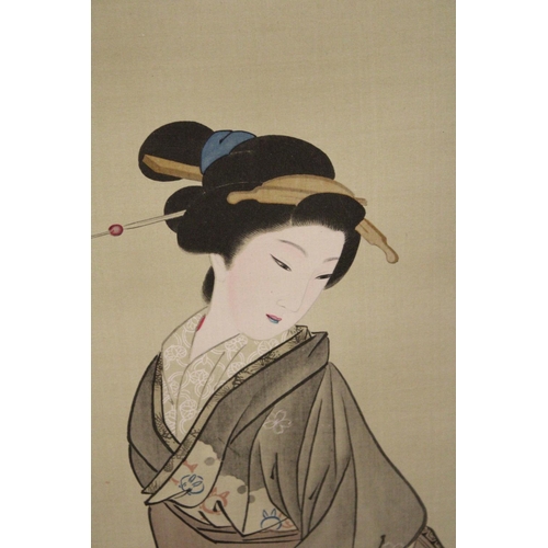 371 - AS FRAMED JAPANESE COLOURED PRINT OF TWO GEISHA GIRLS - 100 CM X 41 CM