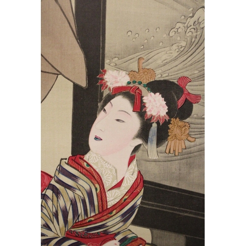 371 - AS FRAMED JAPANESE COLOURED PRINT OF TWO GEISHA GIRLS - 100 CM X 41 CM