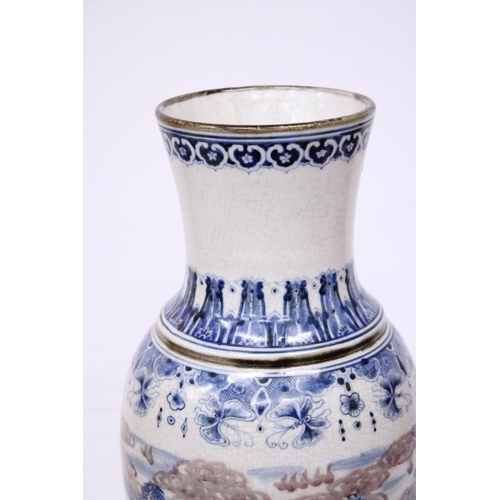 379 - A LARGE PORCELAIN CHINESE GLAZED CRACKLEWARE VASE PORTRAYING DRAGONS WITH CHARACTER MARKS TO THE BAS... 