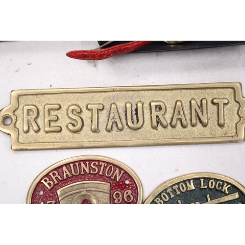 258 - THREE BRASS SIGNS TO INCLUDE, RESTAURANT, BOTTOM LOCK, BRAUNSTON AND BRAUNSTON TUNNEL