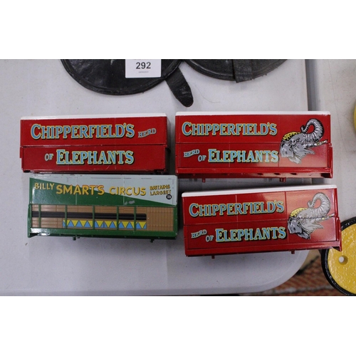 291 - FOUR TOY METAL BILLY SMARTS AND CHIPPERFIELDS CIRCUS CONTAINERS