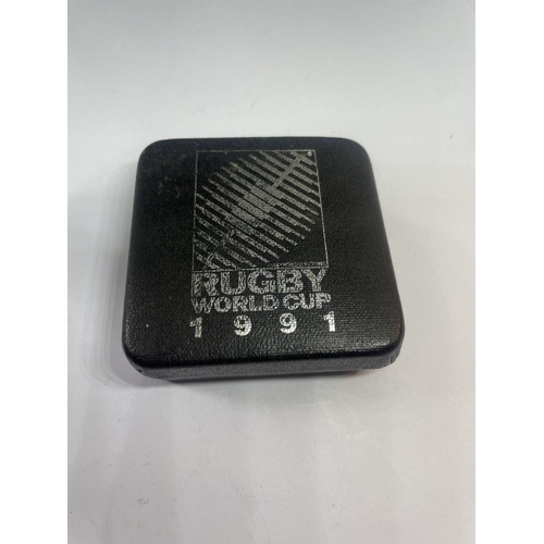 572 - A SILVER 1991 RUGBY WORLD CUP MEDAL IN A PRESENTATION BOX