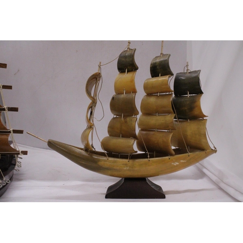 813 - TWO MODELS OF SHIPS TO INCLUDE ONE WOODEN AND ONE HORN