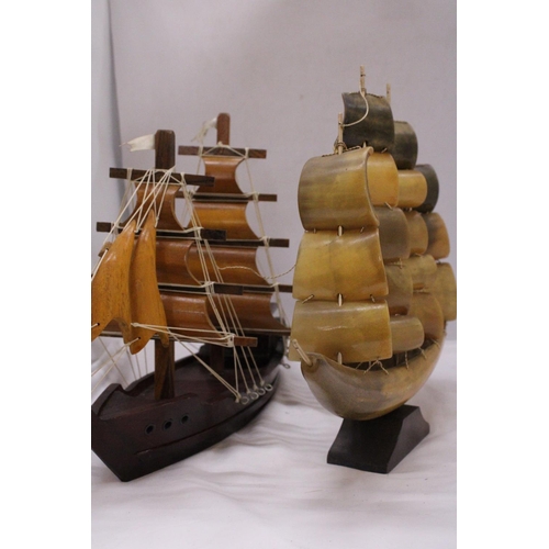 813 - TWO MODELS OF SHIPS TO INCLUDE ONE WOODEN AND ONE HORN