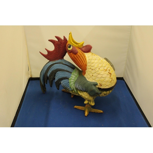 828 - A HEAVY HAND PAINTED CAST METAL FRENCH COCKEREL