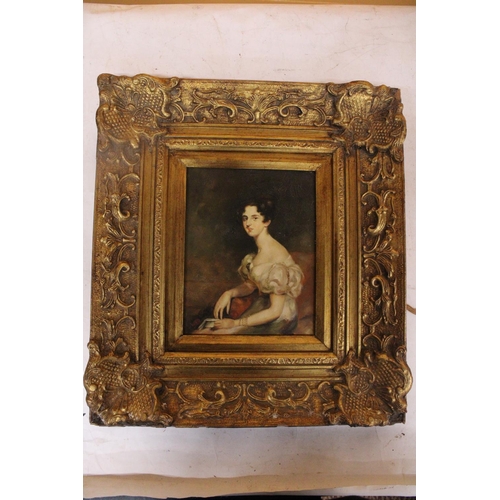 874 - A PRINT ON BOARD PORTRAIT IN GOLD GILT FRAME SIGNED WARD