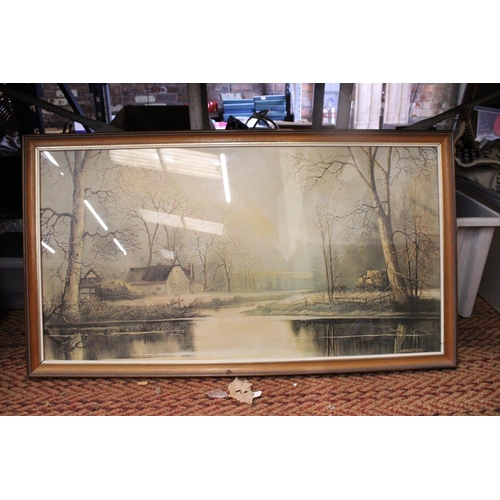 876 - A PRINT OF 'RIVER SCENE' BY KANWAL, FRAMED, 93CM X 52CM