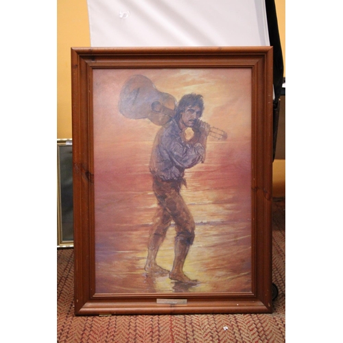 881 - A LARGE PINE FRAMED PRINT, 'EL CHIPIONERO', NERJA, SPAIN, 65CM X 88CM