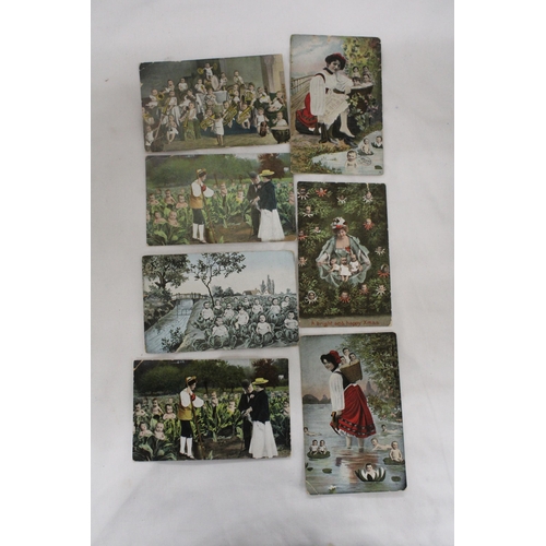 906 - SEVEN EARLY 1900'S POSTCARDS TO INCLUDE FRENCH CABBAGE BABIES, ETC