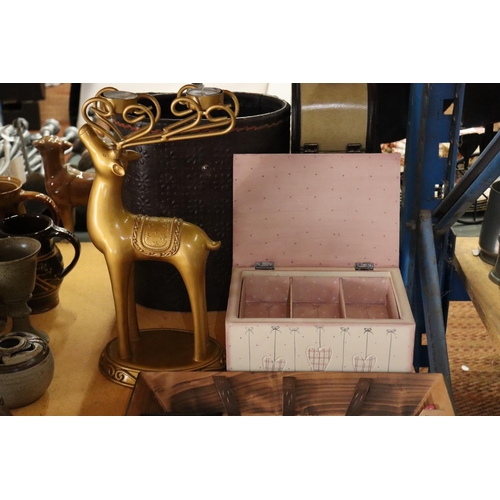 971 - A MIXED LOT TO INCLUDE A REINDEER TEELITE HOLDER, JEWELLERY BOX, WALL PLAQUE, STORAGE BOXES, ETC.,