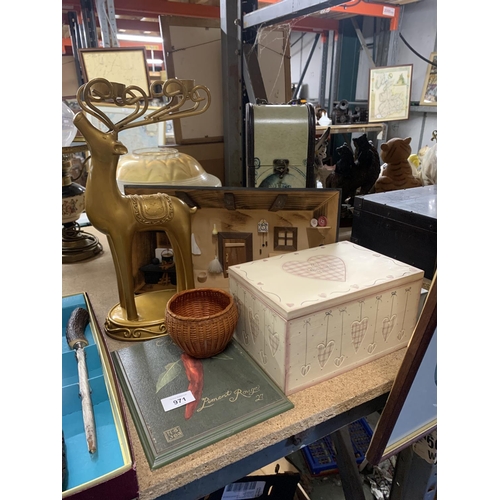 971 - A MIXED LOT TO INCLUDE A REINDEER TEELITE HOLDER, JEWELLERY BOX, WALL PLAQUE, STORAGE BOXES, ETC.,