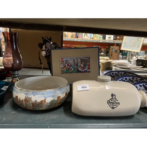 984 - A MIXED LOT TO INCLUDE A ROYAL DOULTON BED WARMER, A VINTAGE NEWHALL TOWER OF LONDON FRUIT BOWL, THR... 