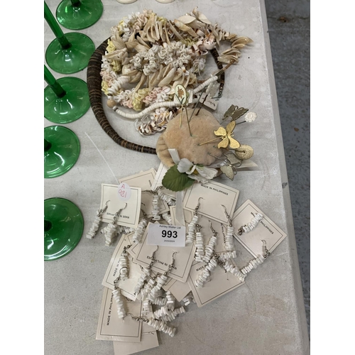 993 - A QUANTITY OF COSTUME JEWELLERY TO INCLUDE SHELL NECKLACES AND EARRINGS